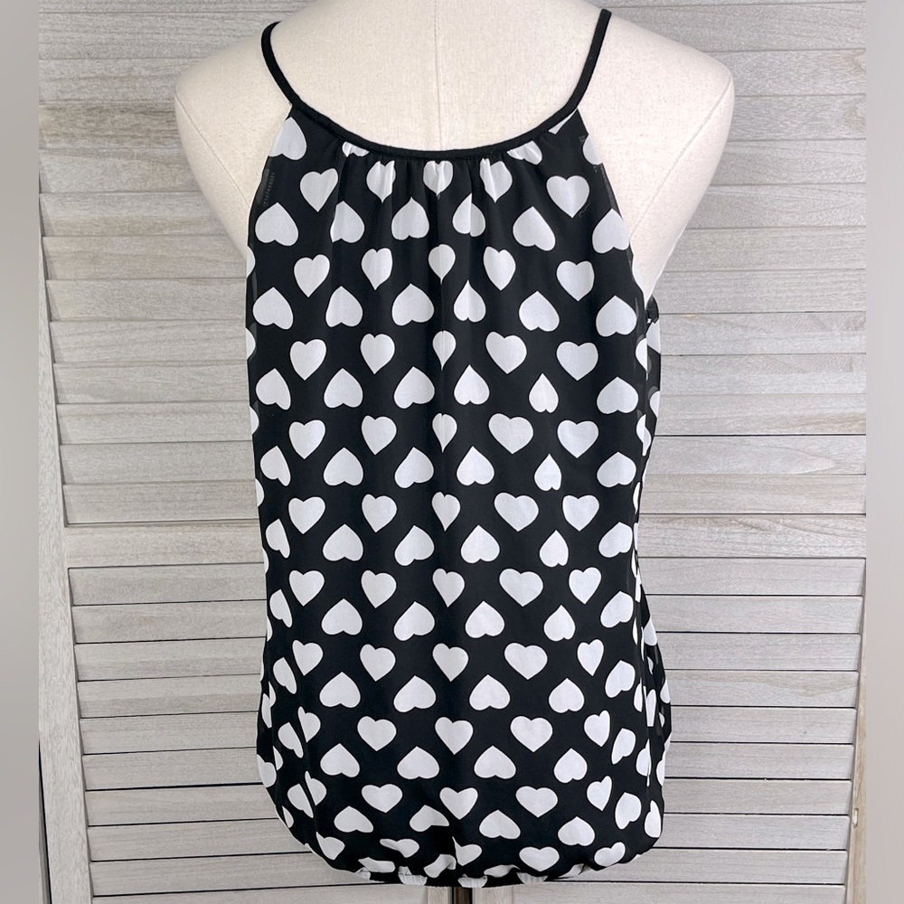 EXPRESS Heart Print Halter Tank Top Double Layer Elastic Hem Black/White-Medium